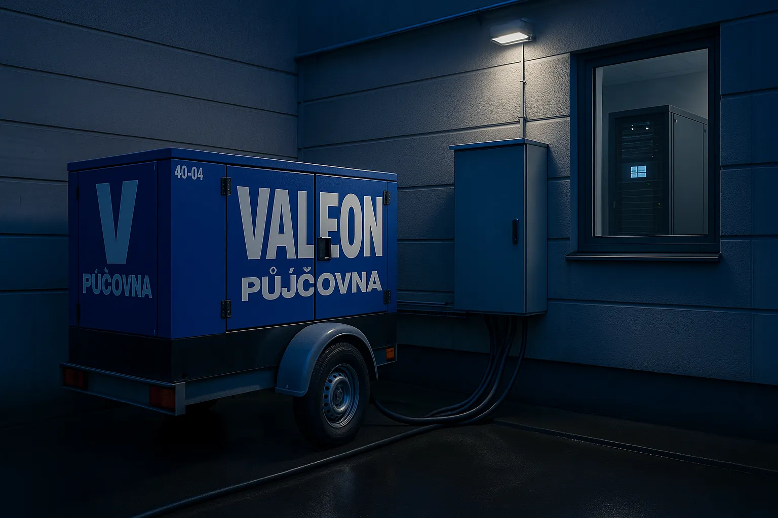 Dieselová elektrocentrála připojená k budově jako záložní zdroj energie – dlouhodobý pronájem elektrocentrál Valeon.