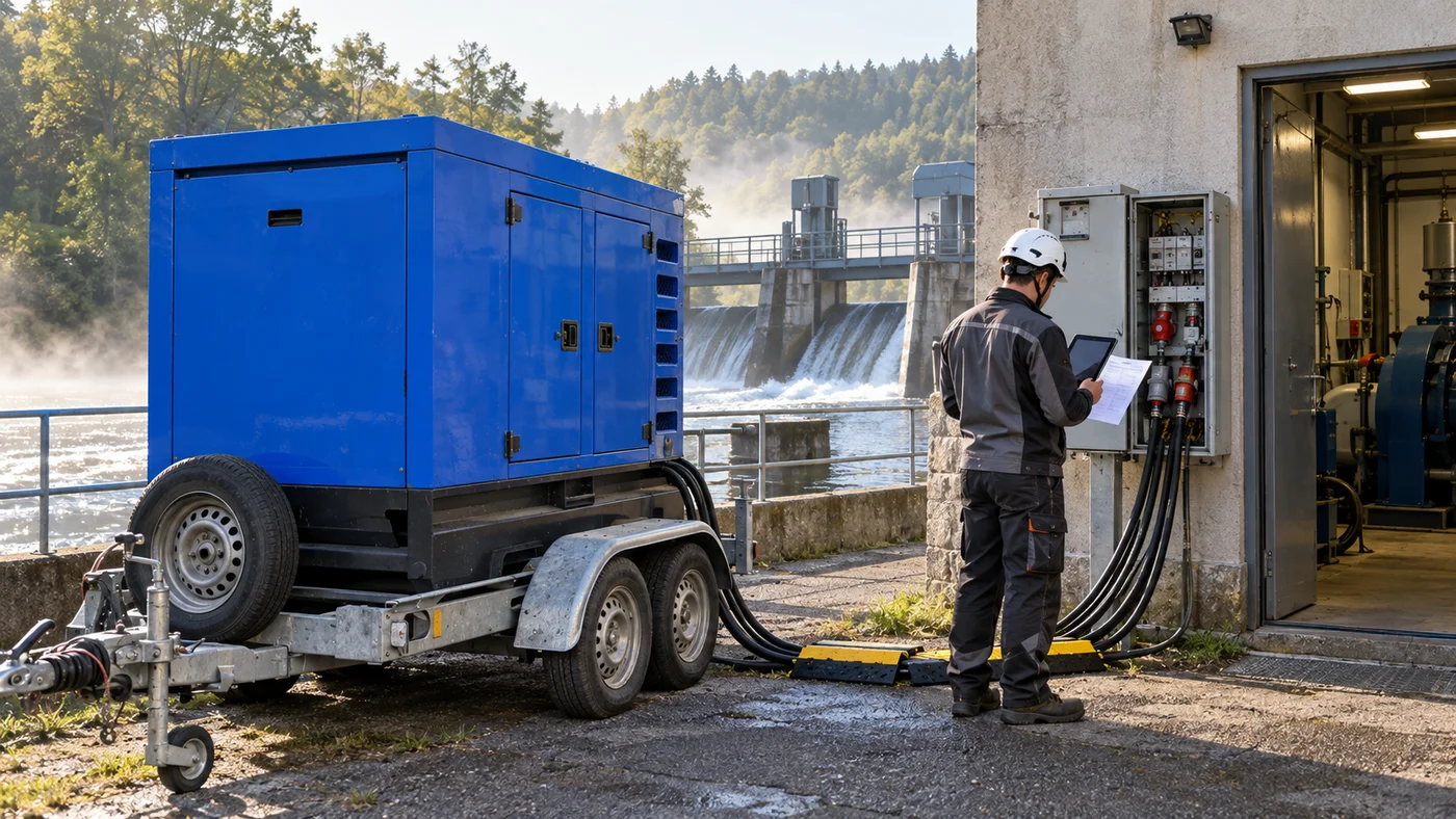 Přívěs s modrou elektrocentrálou a kabeláž vedoucí do otevřených dveří strojovny malé vodní elektrárny