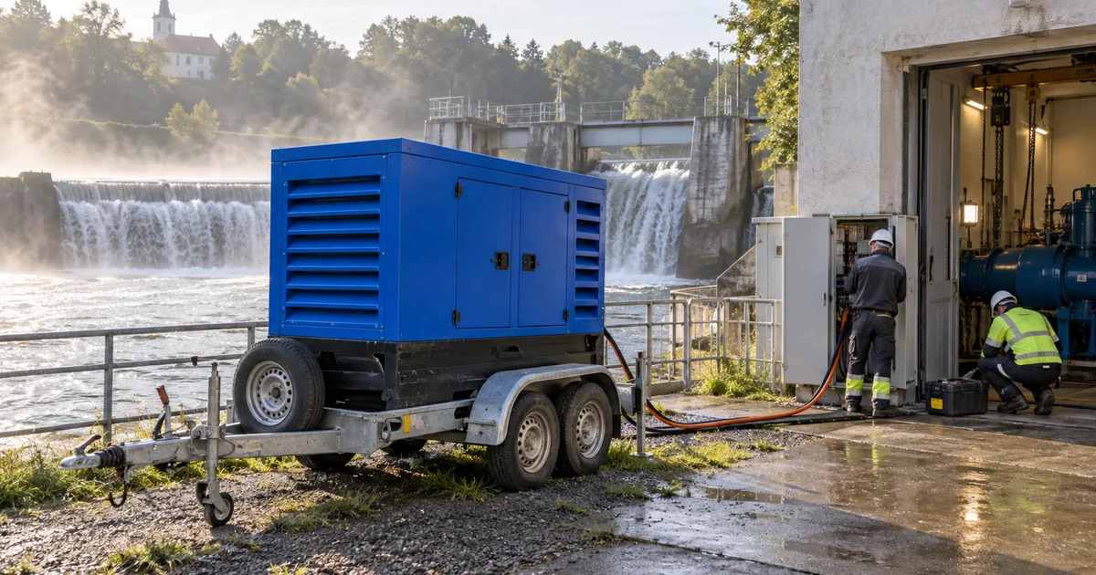 Modrá elektrocentrála na přívěsu u jezu malé vodní elektrárny, technici u otevřené strojovny, mlha nad vodou