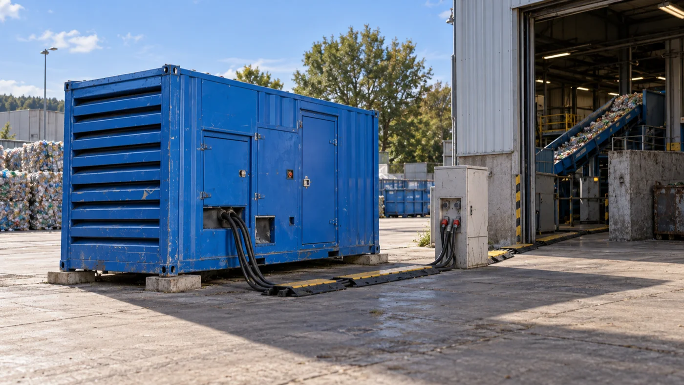 Modrá elektrocentrála v kontejneru a silové kabely vedoucí k rozvaděči haly recyklační linky
