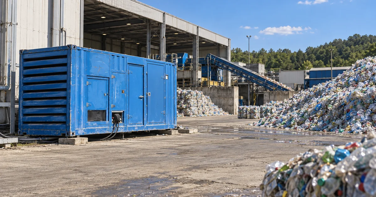 Modrý kontejner s elektrocentrálou vedle haly recyklační linky a hromady PET lahví na dvoře