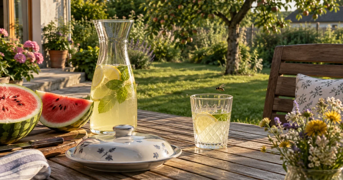 Zahradní stůl na terase rodinného domu s karafou limonády, půlkami melounu a vosou u okraje sklenice