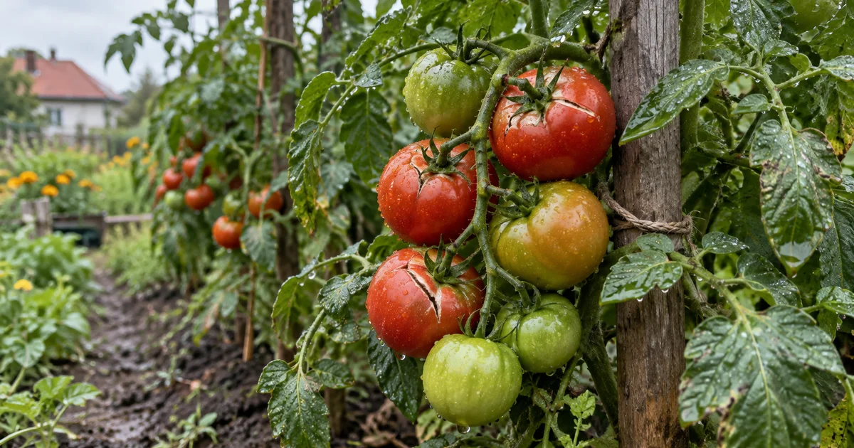 Rajčata na keři po dešti, některé zralé plody s prasklinami kolem stopky, dřevěné kůly na zahradním záhonu