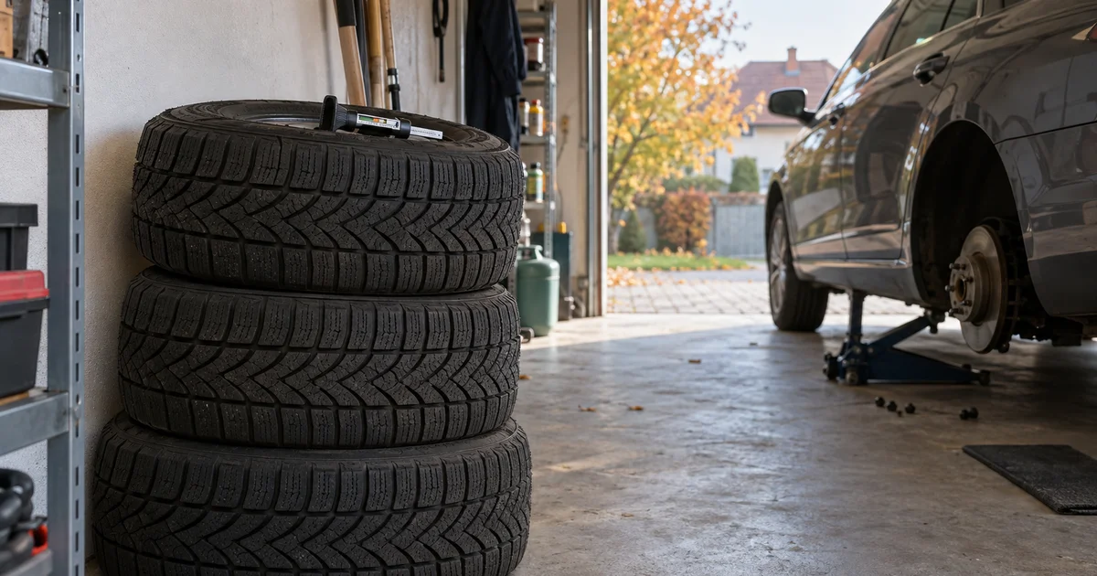 Sada zimních pneumatik opřená o zeď garáže rodinného domu, vedle stojí hloubkoměr dezénu a zvednuté auto