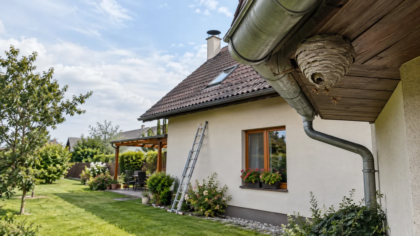 Detail okapu a štítu rodinného domu se šedým papírovým hnízdem pod okrajem střechy a žebříkem opřeným v dálce