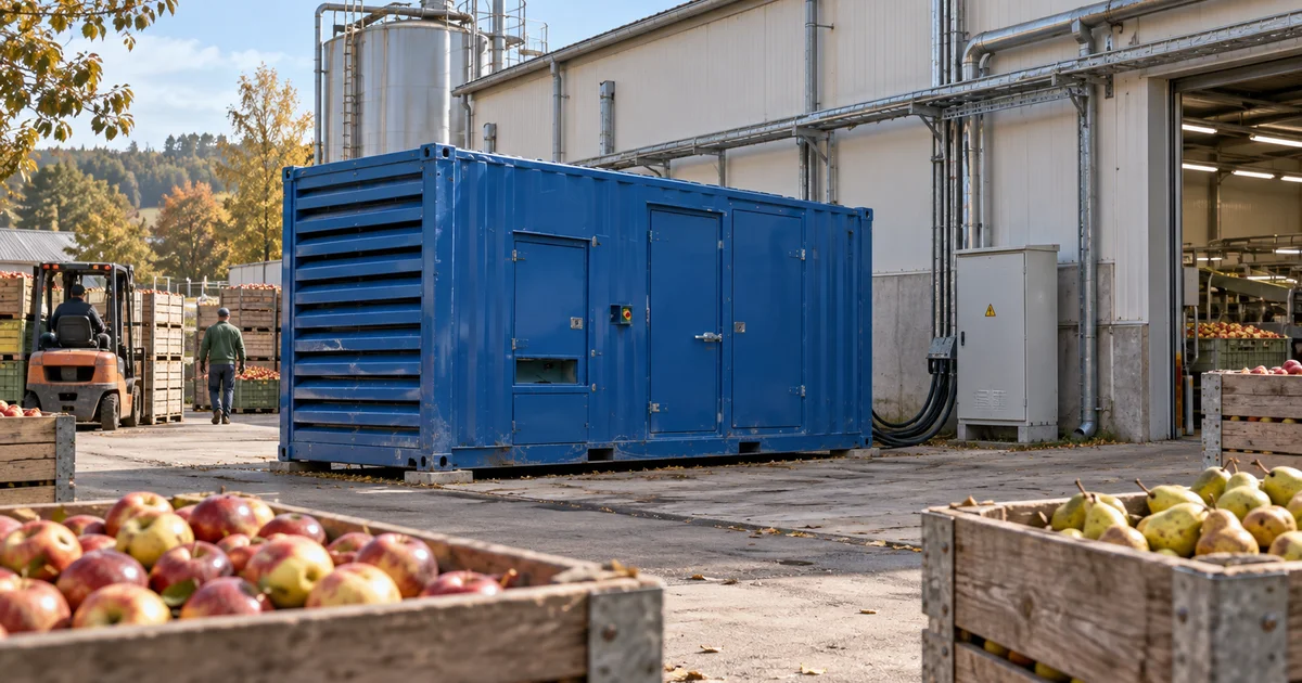 Modrý kontejner s elektrocentrálou u haly konzervárny, na dvoře přepravky s jablky a hruškami.