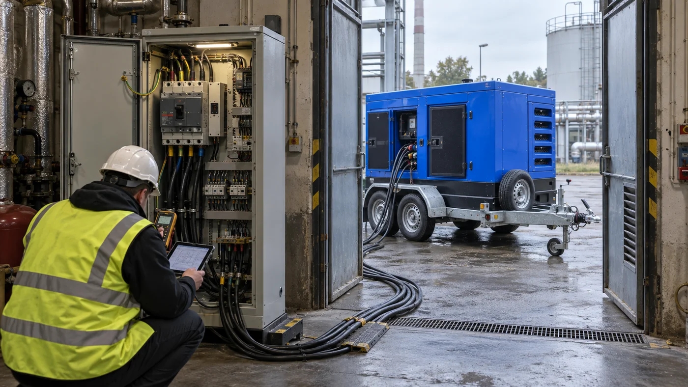 Revizní technik měří na otevřeném rozvaděči kotelny, vedle stojí kabely od modré elektrocentrály na přívěsu.