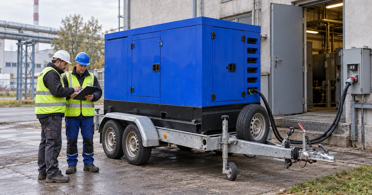 Modrá kapotovaná elektrocentrála na přívěsu u vstupu do kotelny areálu, technici s protokolem revize.