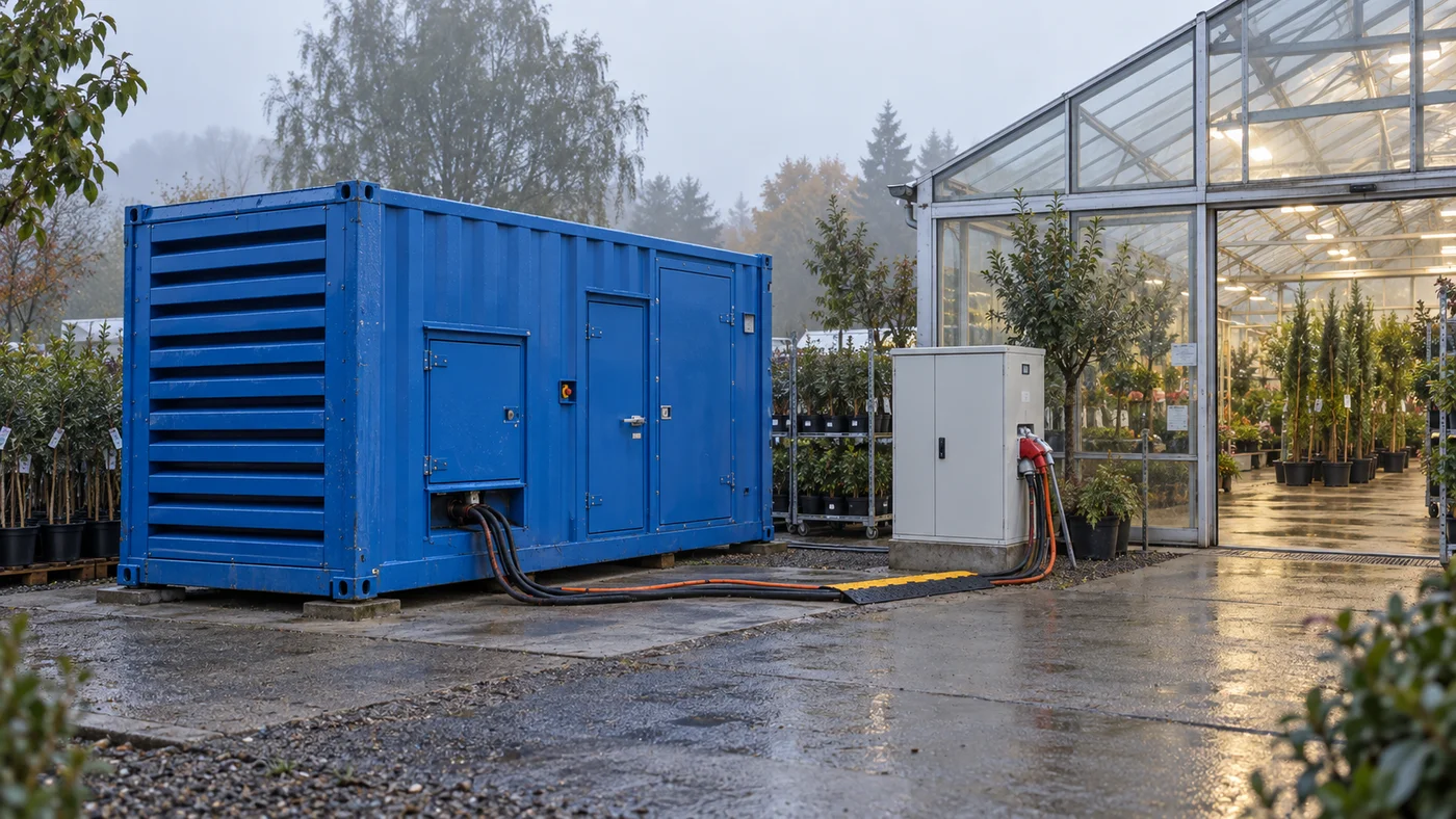 Detail modré elektrocentrály a rozvaděče u vstupu do vytápěného prodejního skleníku se stromky v kontejnerech.
