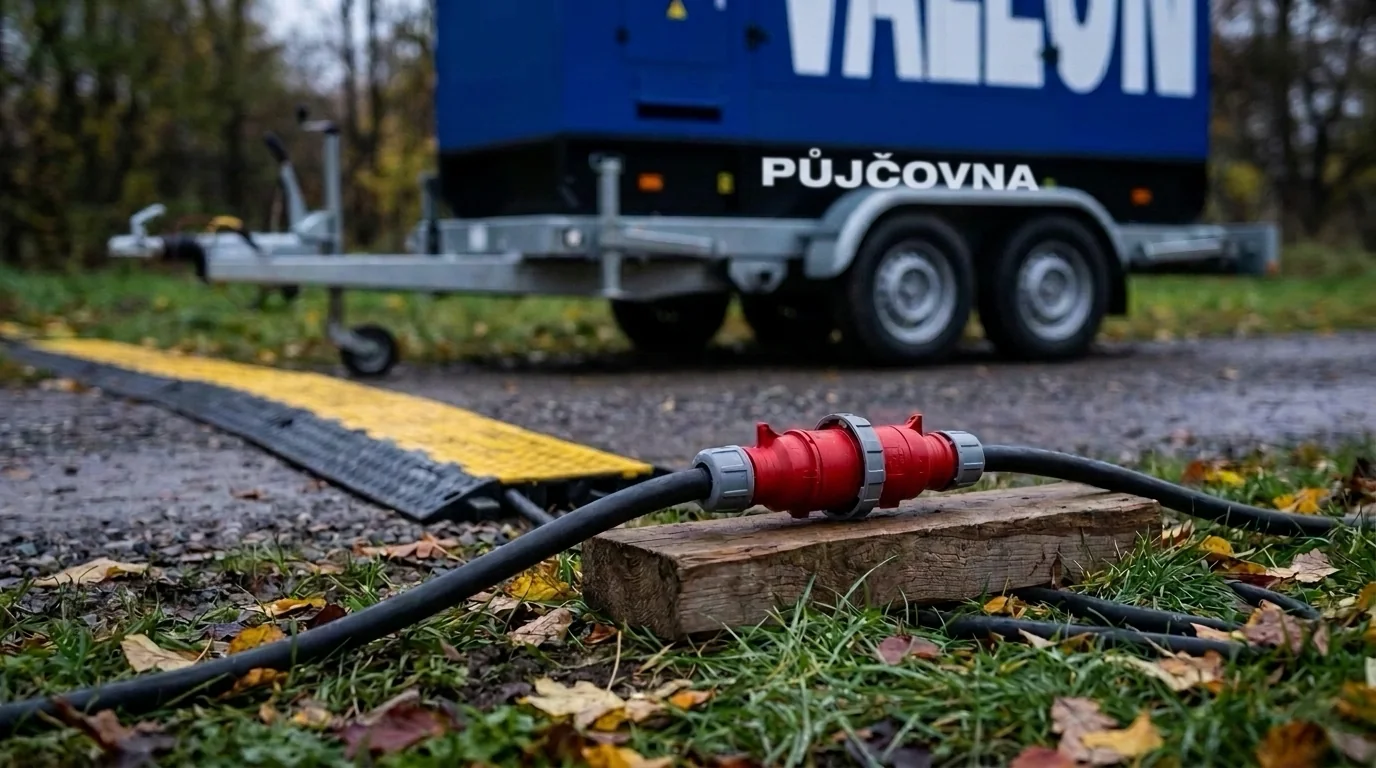 Spoj dvou kabelů s červenými konektory podložený nad mokrou trávou vedle kabelového přejezdu