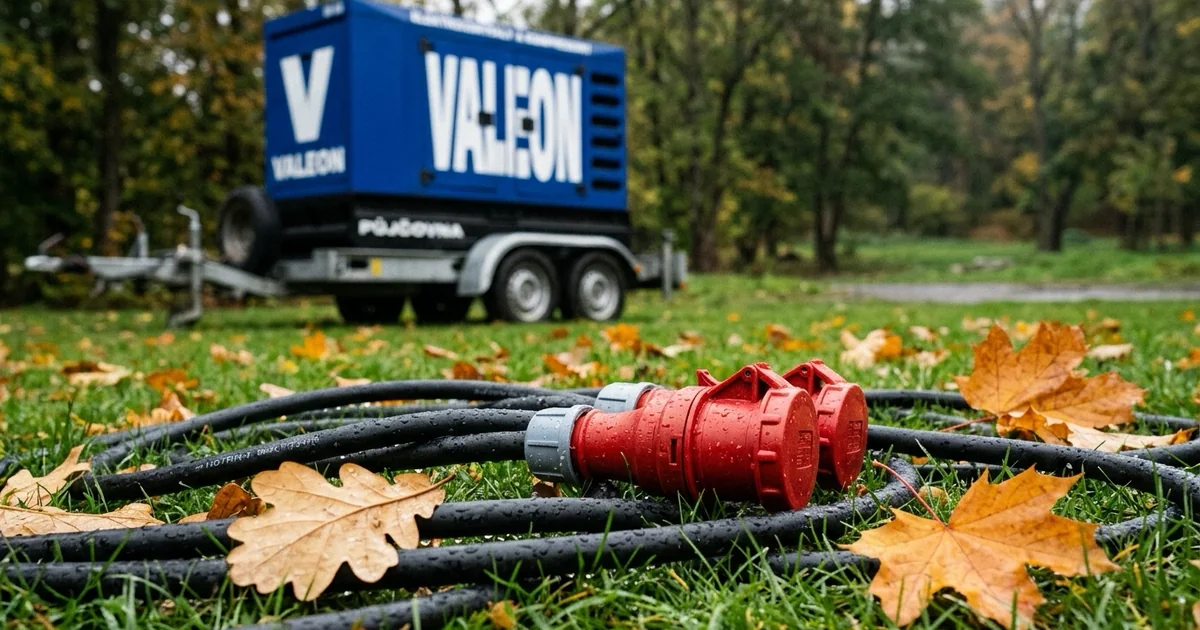 Černé pryžové kabely s červenými konektory na mokré trávě, za nimi modrá elektrocentrála na přívěsu